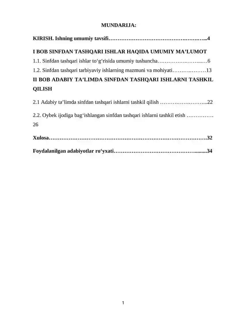 Adabiyotdan sinfdan tashqari mashg`ulotlarni tashkil etish va o`tkazish