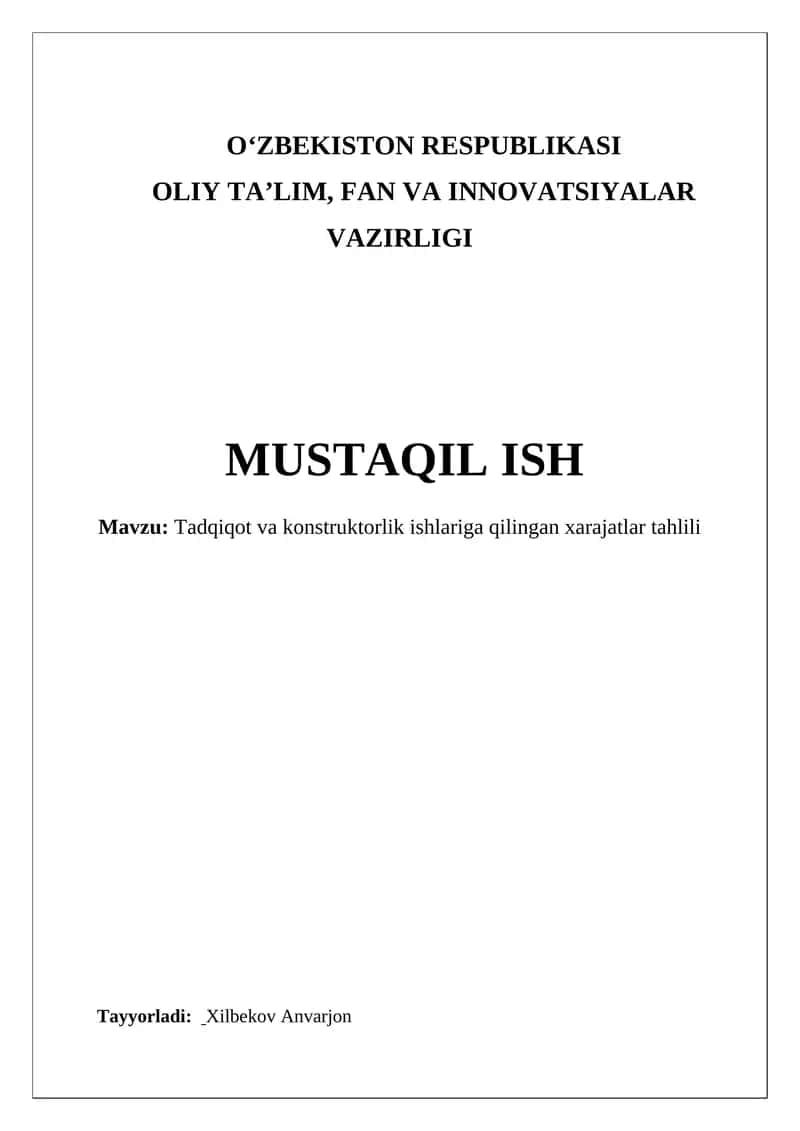 Tadqiqot va konstruktorlik ishlariga qilingan xarajatlar tahlili 1