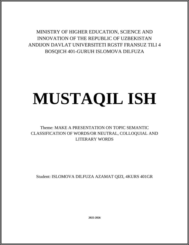 MAKE A PRESENTATION ON TOPIC SEMANTIC CLASSIFICATION OF WORDS/OR NEUTRAL, COLLOQUIAL AND LITERARY WORDS 1