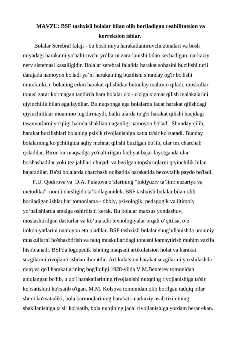 BSF tashxisli bolalar bilan olib boriladigan reabilitatsion va korreksion ishlar. 1