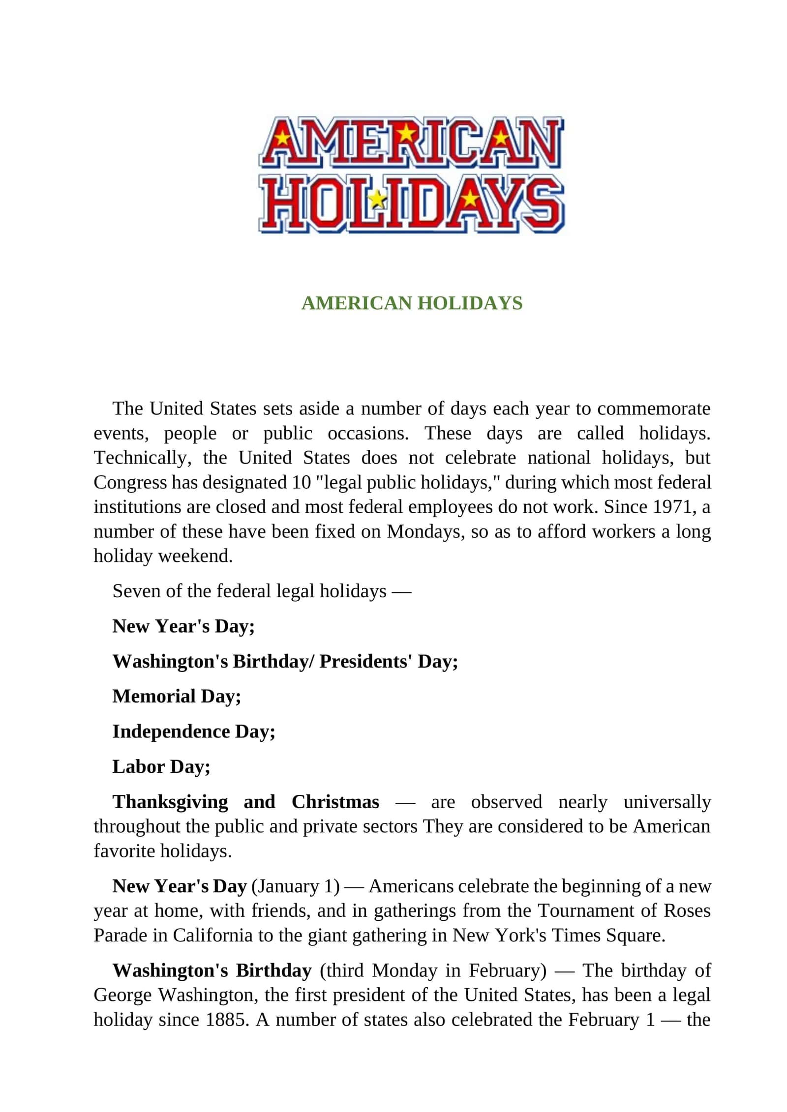 AMERICAN HOLIDAYS 1