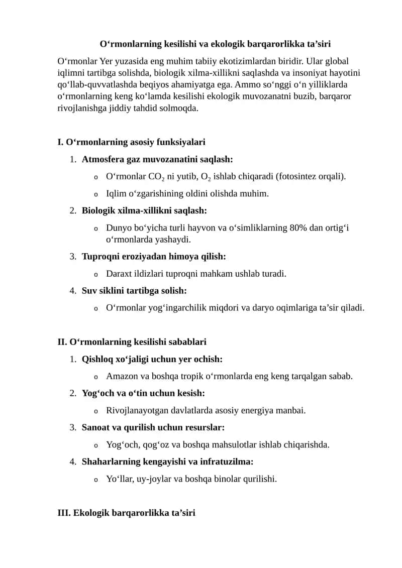 O‘rmonlarning kesilishi va ekologik barqarorlikka ta’siri 1