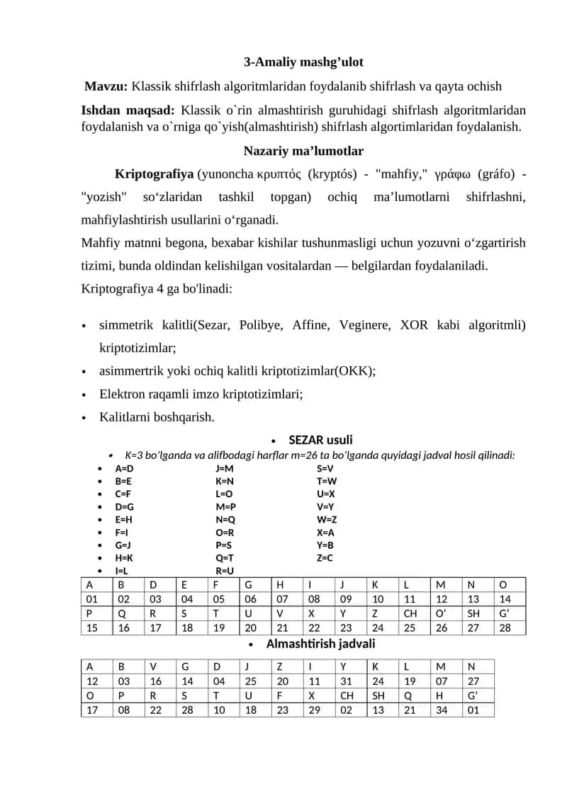 Klassik shifrlash algoritmlaridan foydalanib shifrlash va qayta ochish 1