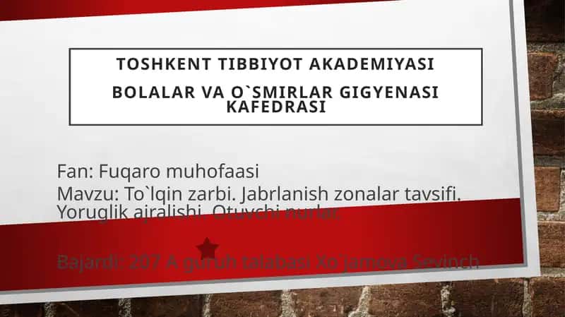 To`lqin zarbi. Jabrlanish zonalar tavsifi. Yoruglik ajralishi. Otuvchi nurlar 1
