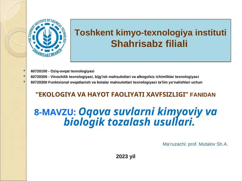 Oqova suvlarni kimyoviy va biologik tozalash usullari 1