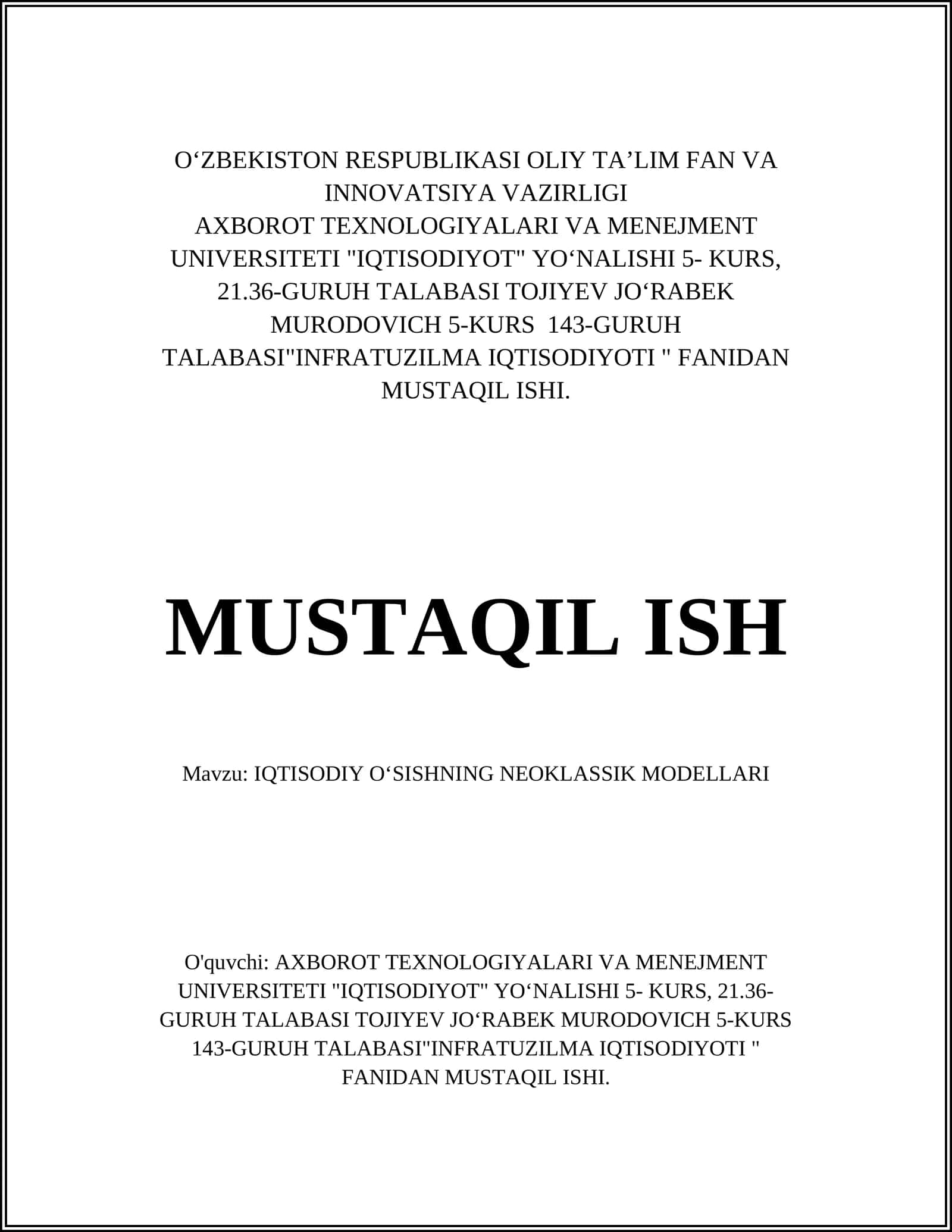 IQTISODIY OʻSISHNING NEOKLASSIK MODELLARI 1