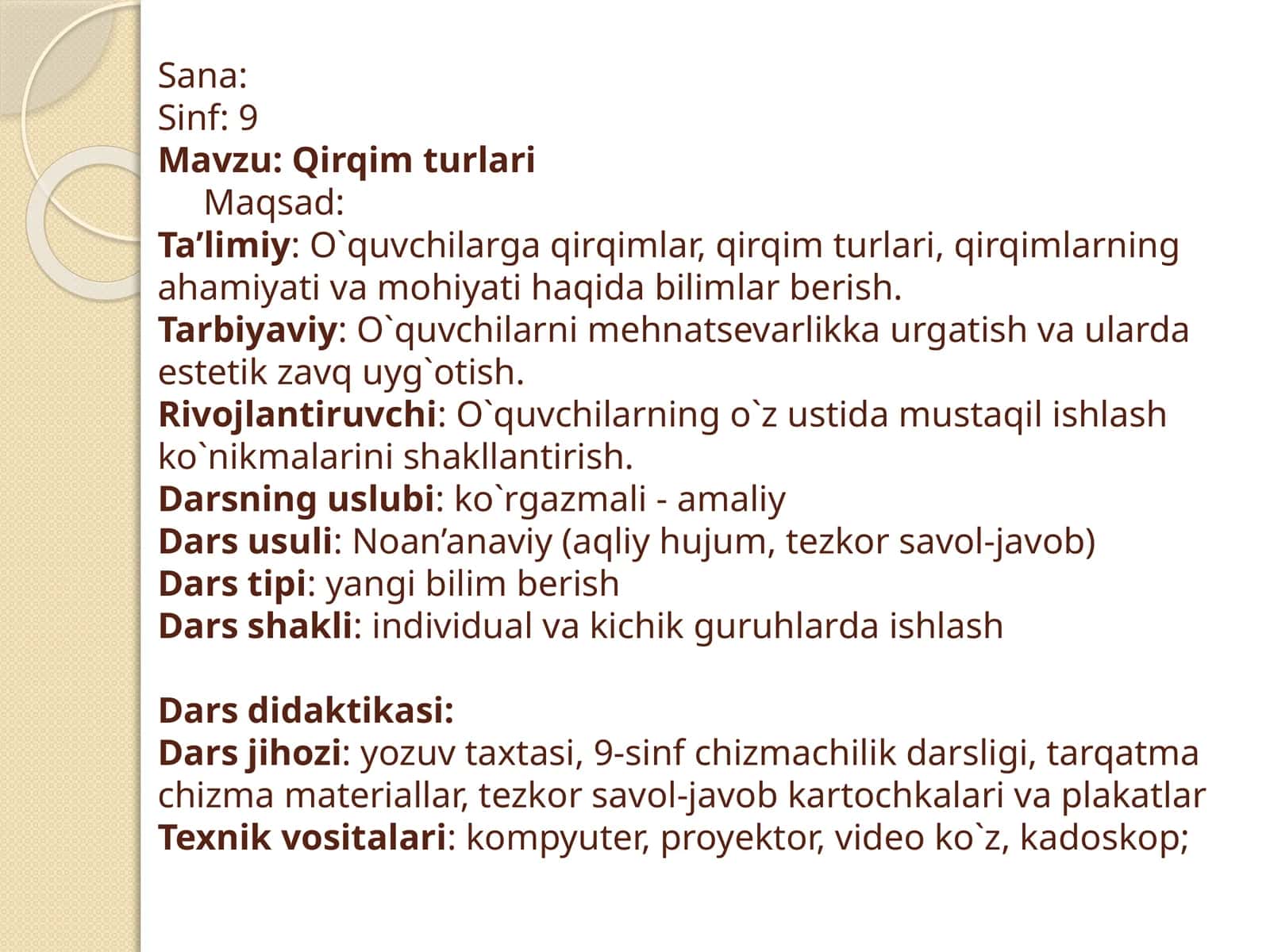 9-sinf Chizmachilik Qirqim turlari mavzusida dars ishlanma 1