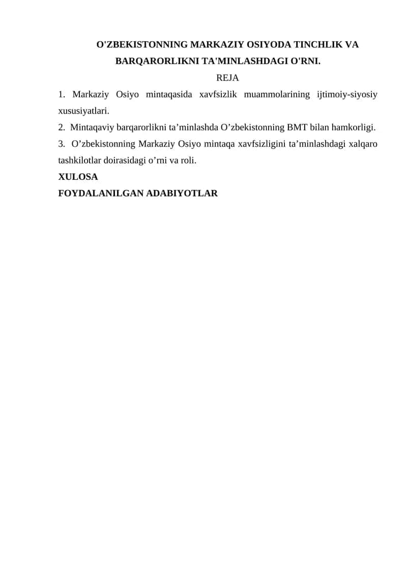 Mintaqaviy barqarorlikni ta’minlashda O’zbekistonning BMT bilan hamkorligi 1