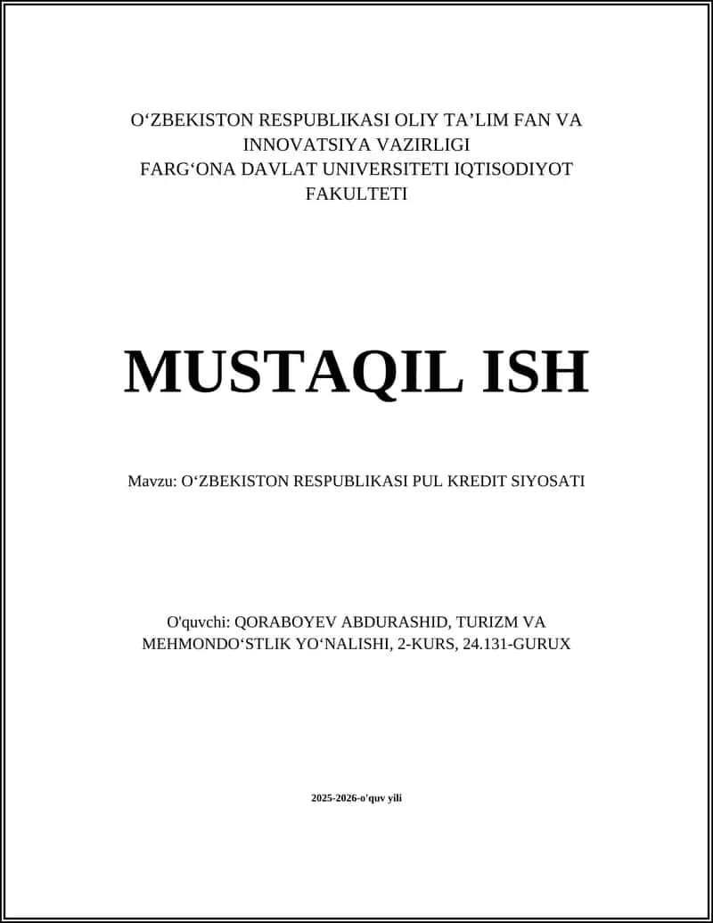 OʻZBEKISTON RESPUBLIKASI PUL KREDIT SIYOSATI 1