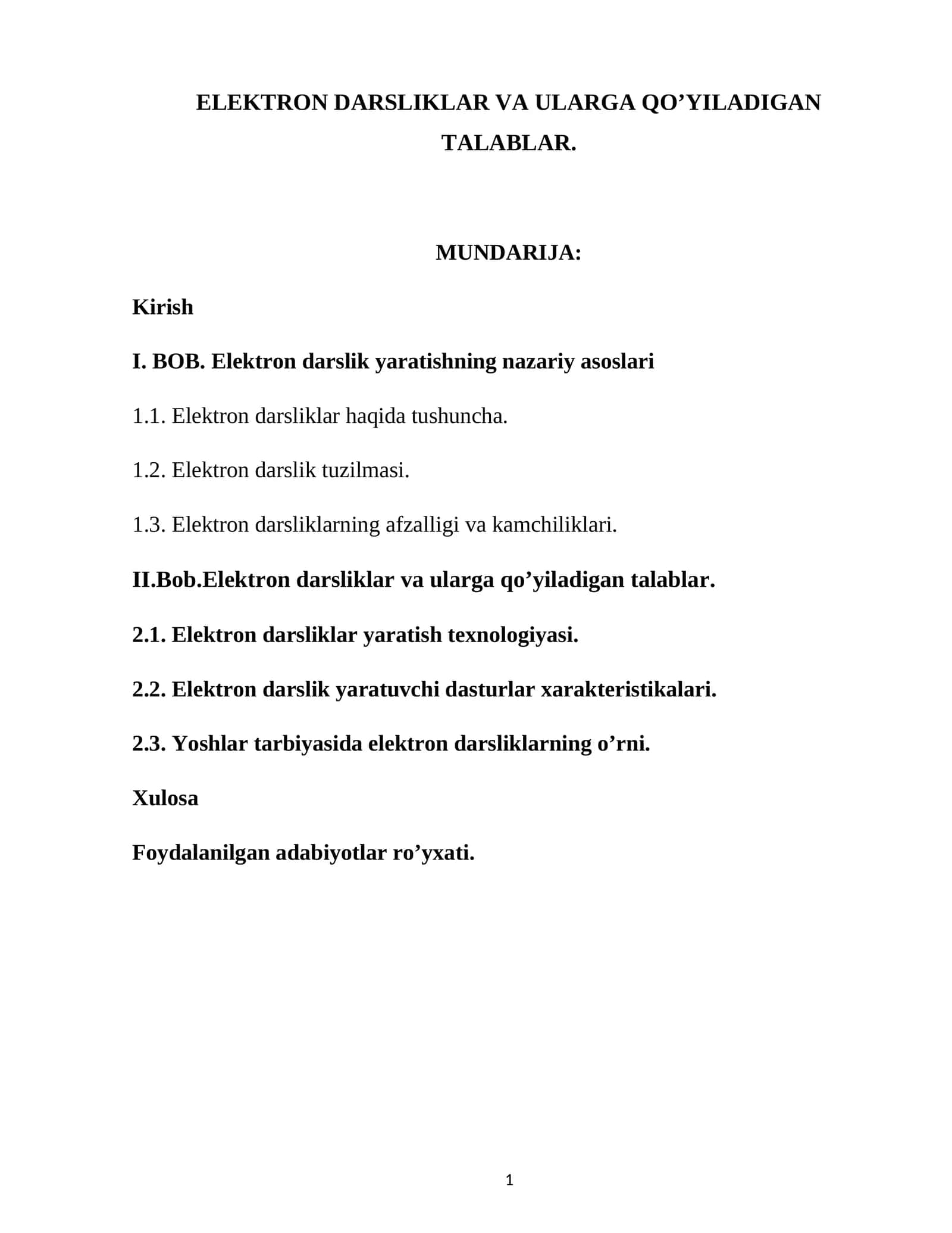 ELEKTRON DARSLIKLAR VA ULARGA QO’YILADIGAN TALABLAR 1