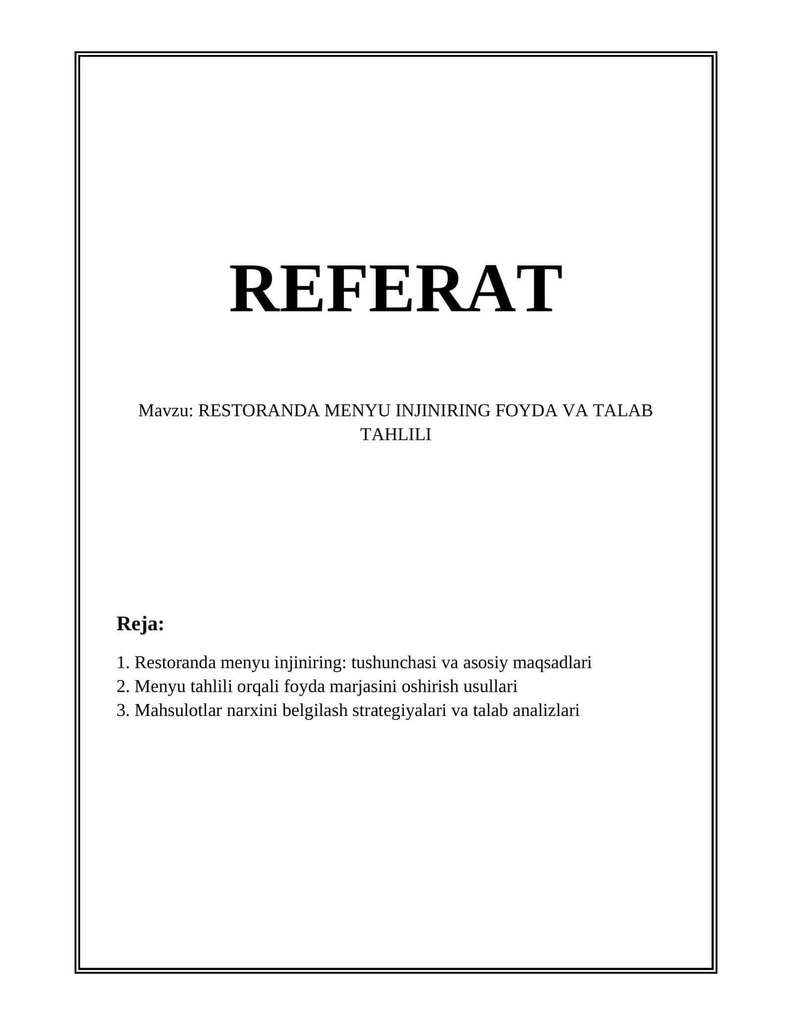 RESTORANDA MENYU INJINIRING FOYDA VA TALAB TAHLILI 1