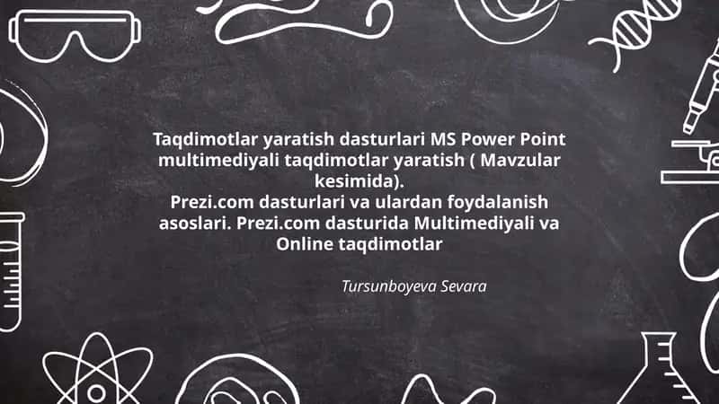 Taqdimotlar yaratish dasturlari MS Power Point multimediyali taqdimotlar yaratish ( Mavzular kesimida). Prezi.com dasturlari va ulardan foydalanish asoslari. Prezi.com dasturida Multimediyali va Online taqdimotlar 1