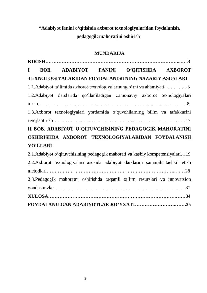 Adabiyot fanini o‘qitishda axborot texnologiyalaridan foydalanish, pedagogik mahoratini oshirish 1