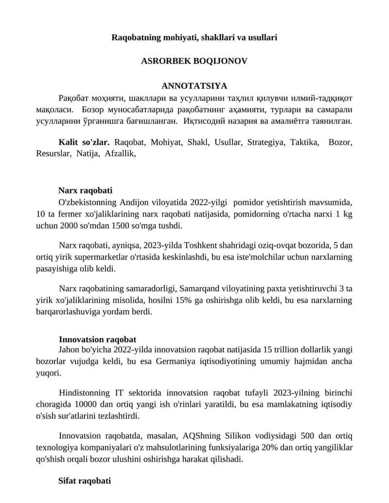 Raqobatning mohiyati, shakllari va usullari 1