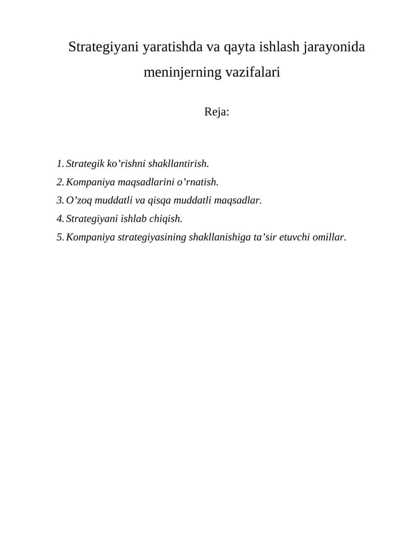 Strategik ko’rish va kompaniya missiyasini asoslash 1