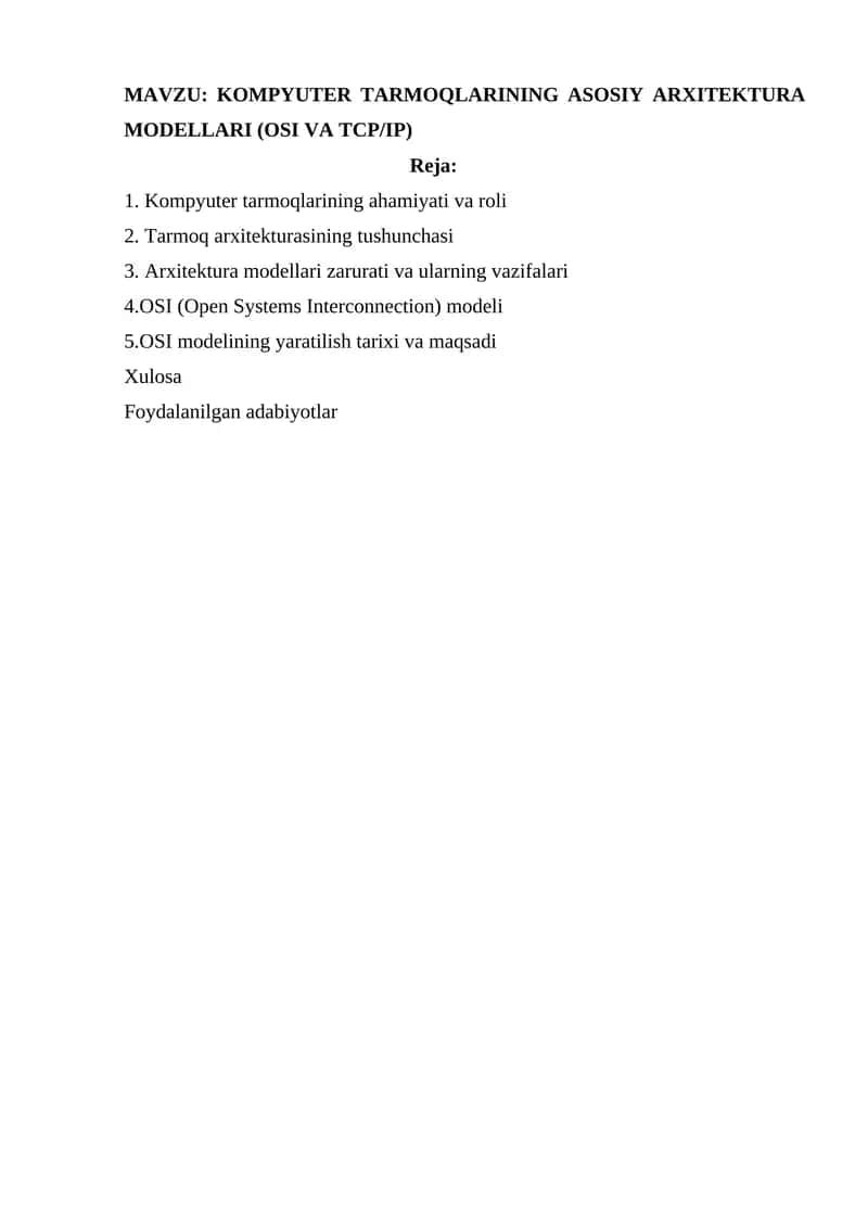 Kompyuter Tarmoqlarining Asosiy Arxitektura Modellari (OSI va TCP/IP) 1