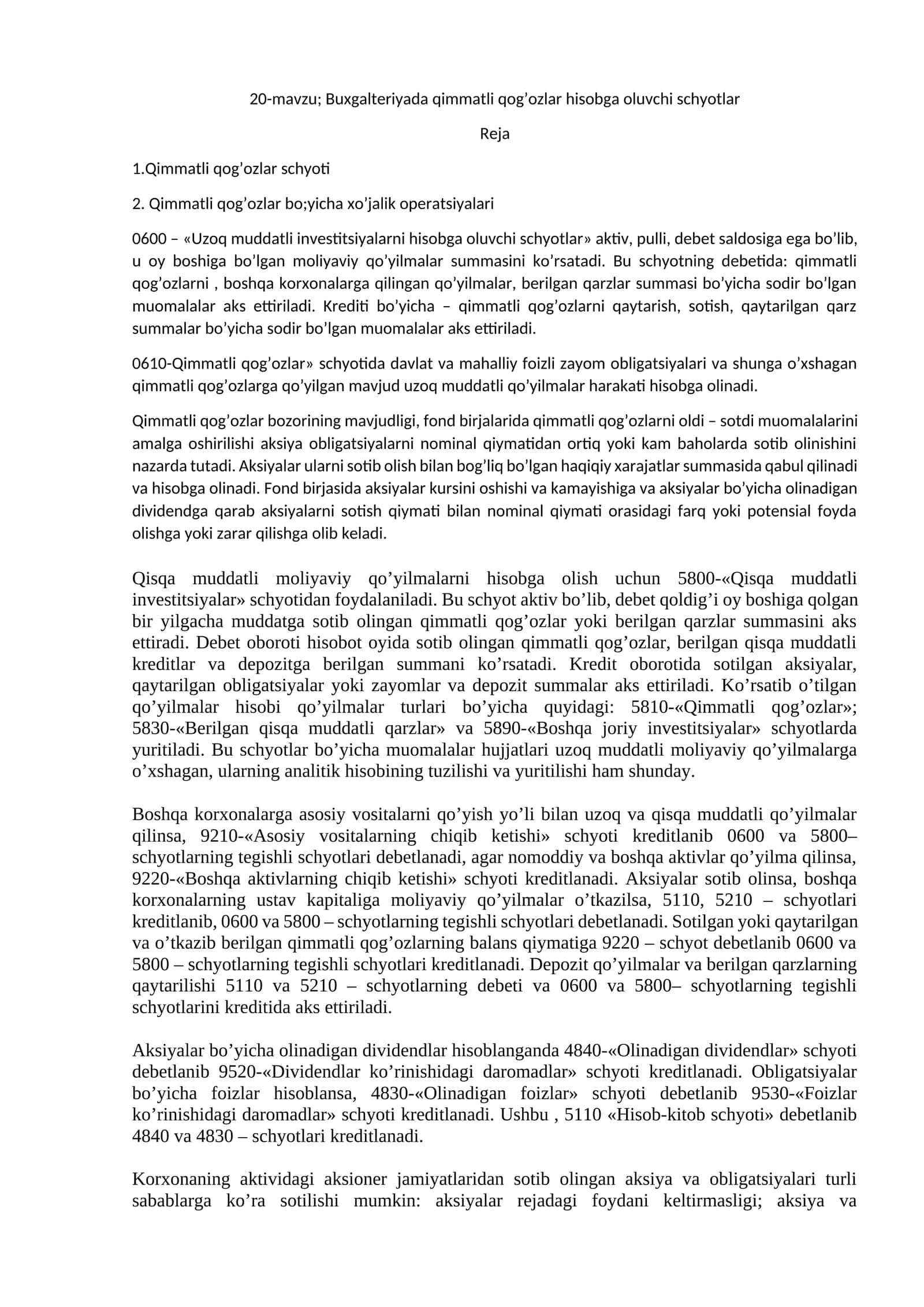 Buxgalteriyada qimmatli qog’ozlar hisobga oluvchi schyotlar 1