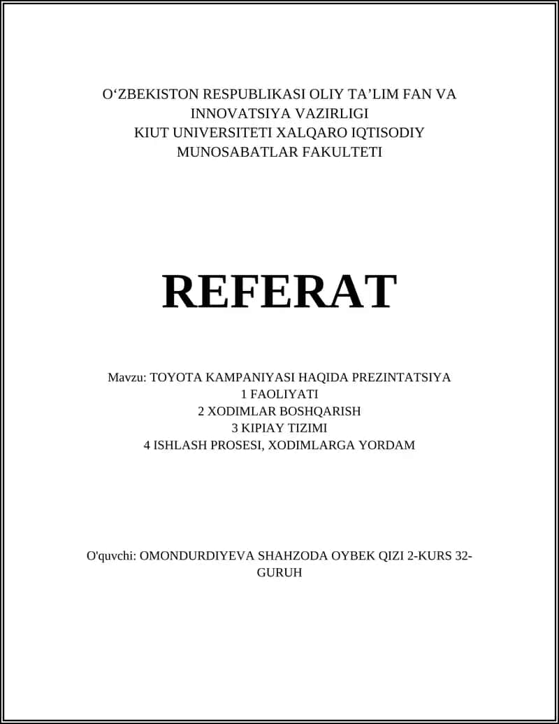 REFERAT Mavzu: TOYOTA KAMPANIYASI HAQIDA PREZINTATSIYA 1