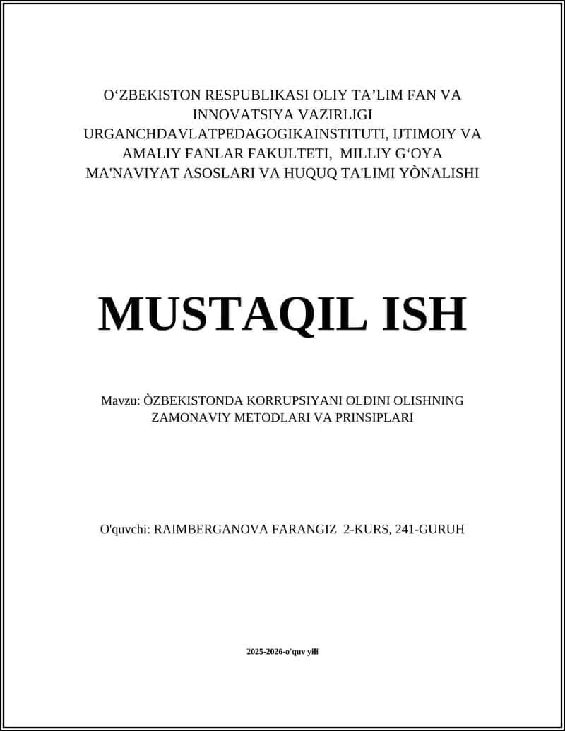 Korrupsiyani Oldini Olishning Zamonaviy Metodlari va Prinsiplari 1