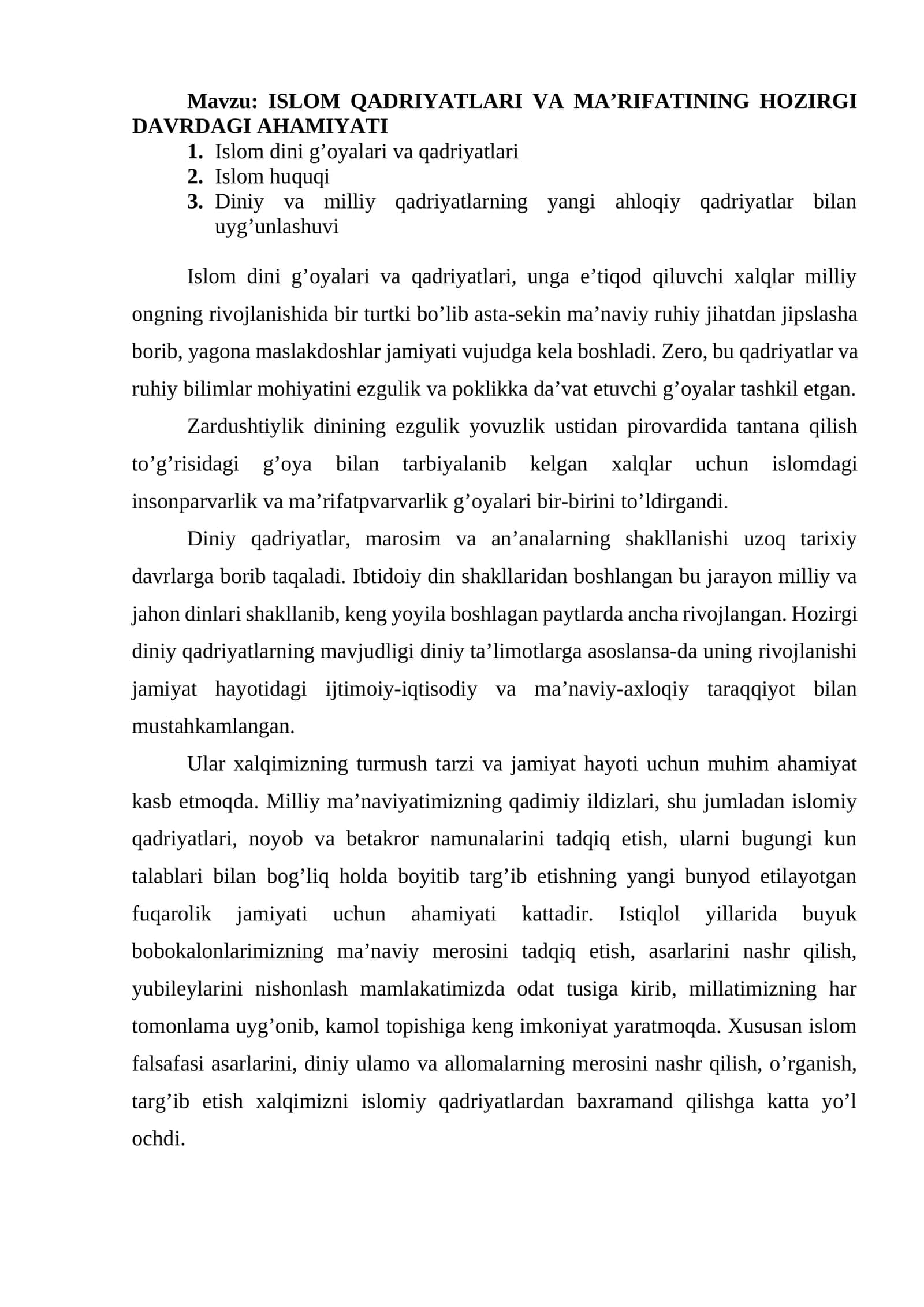 ISLOM QADRIYATLARI VA MA’RIFATINING HOZIRGI DAVRDAGI AHAMIYATI 1