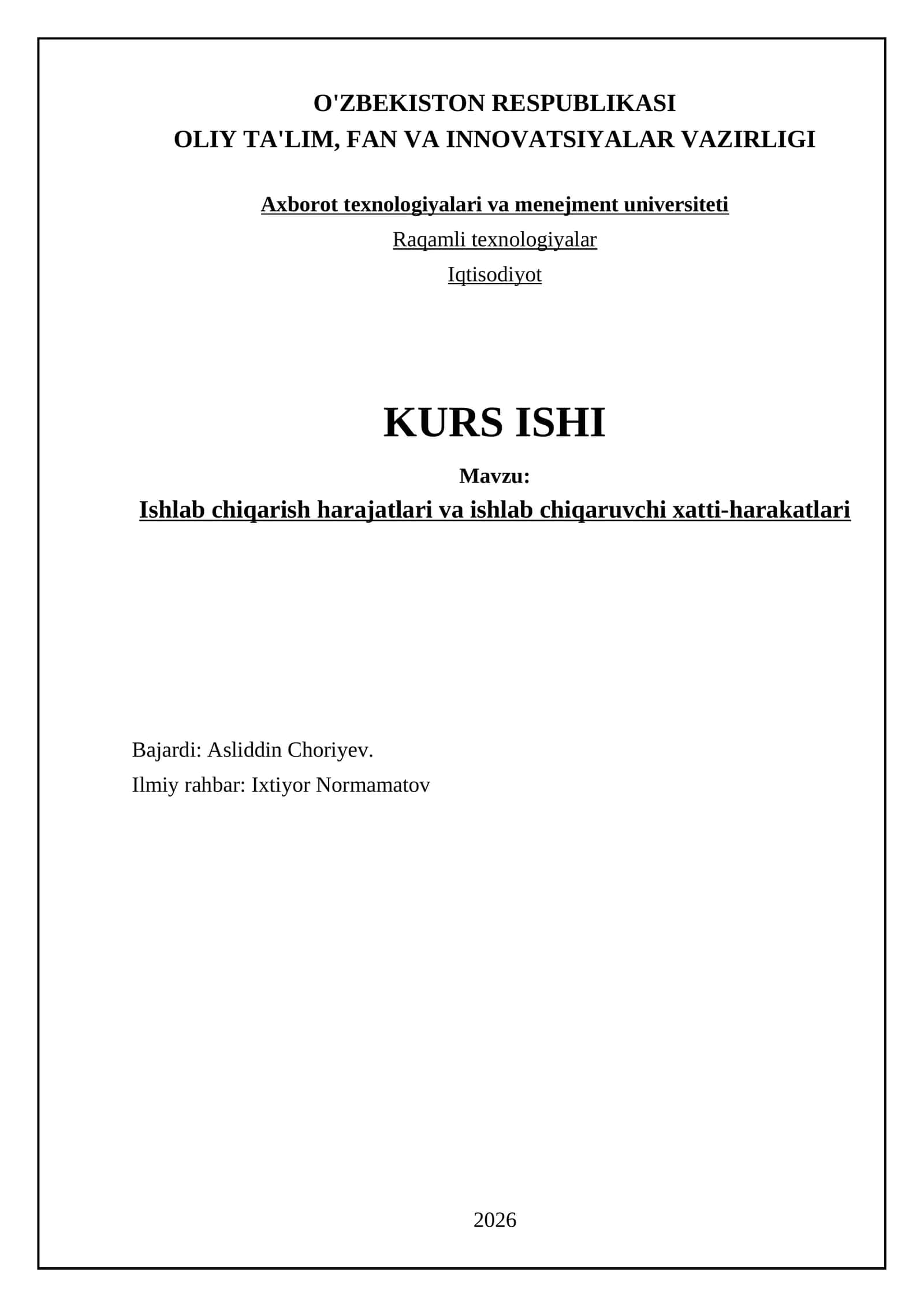 Ishlab chiqarish harajatlari va ishlab chiqaruvchi xatti-harakatlari 1