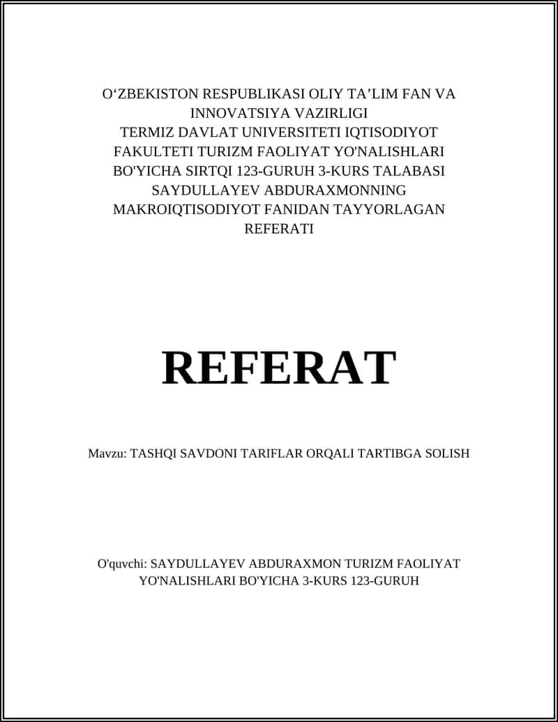 TASHQI SAVDONI TARIFLAR ORQALI TARTIBGA SOLISH 1