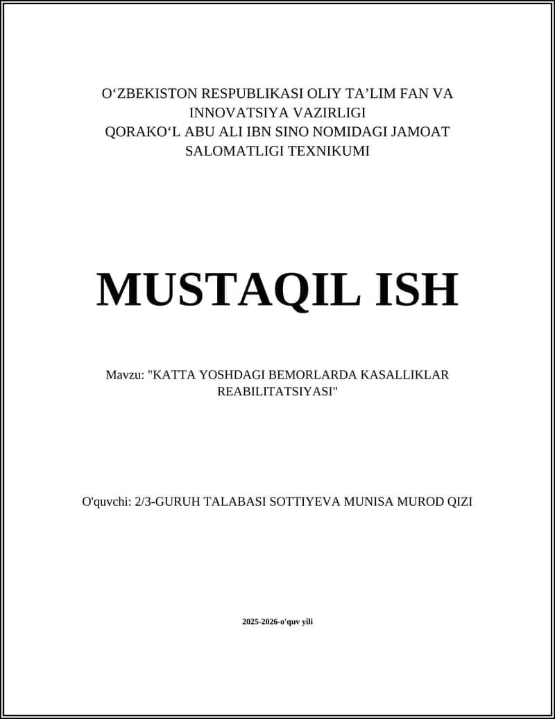 "KATTA YOSHDAGI BEMORLARDA KASALLIKLAR REABILITATSIYASI" 1
