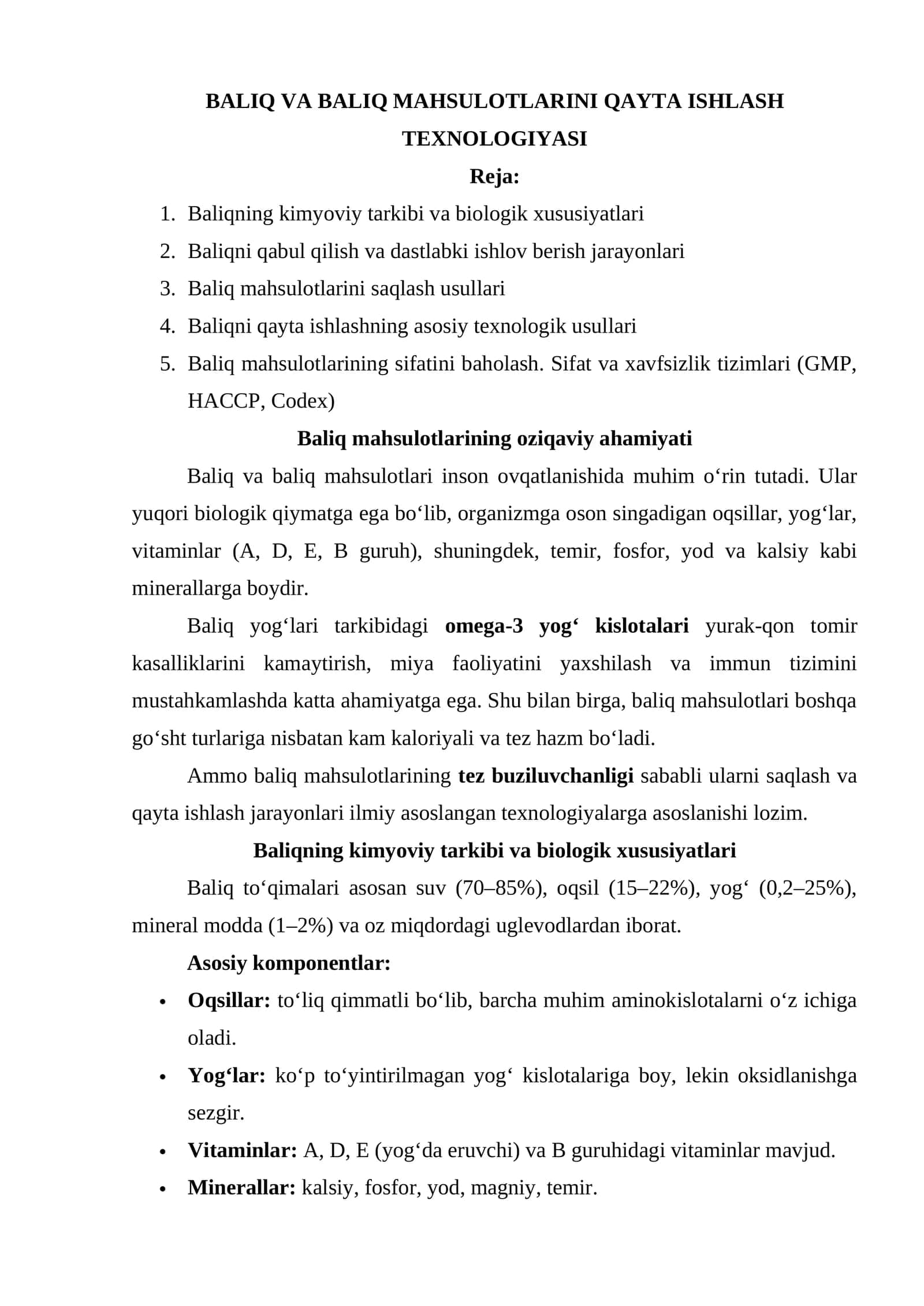 BALIQ VA BALIQ MAHSULOTLARINI QAYTA ISHLASH TEXNOLOGIYASI 1
