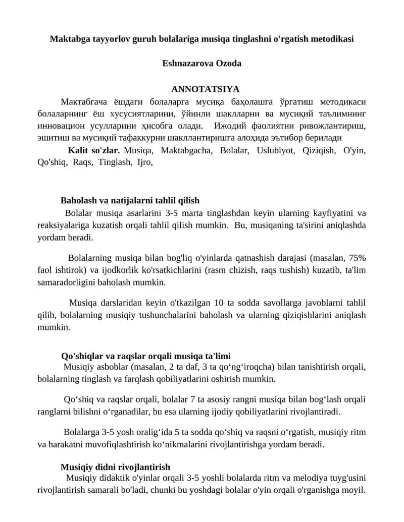 Maktabga tayyorlov guruh bolalariga musiqa tinglashni o'rgatish metodikasi 1