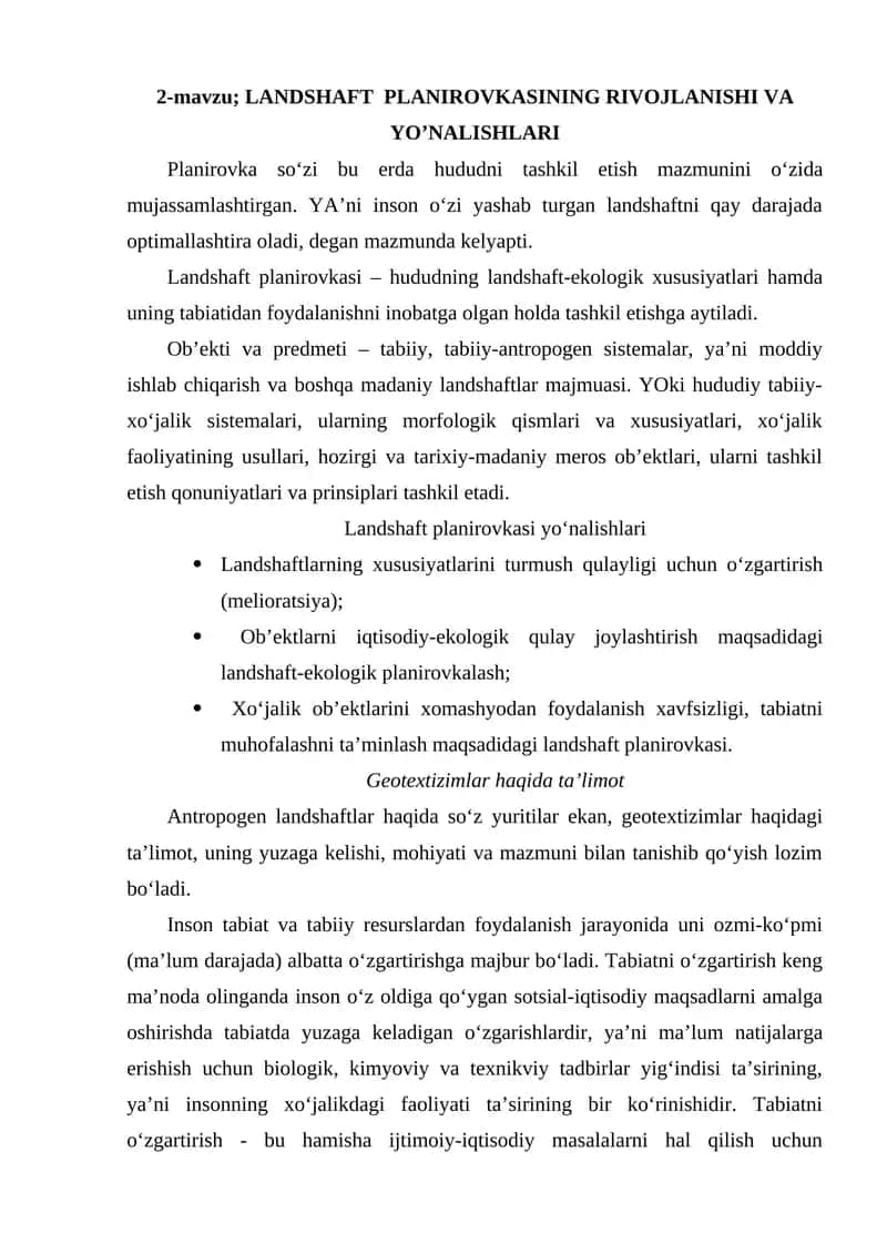 LANDSHAFT  PLANIROVKASINING RIVOJLANISHI VA YO’NALISHLARI 1