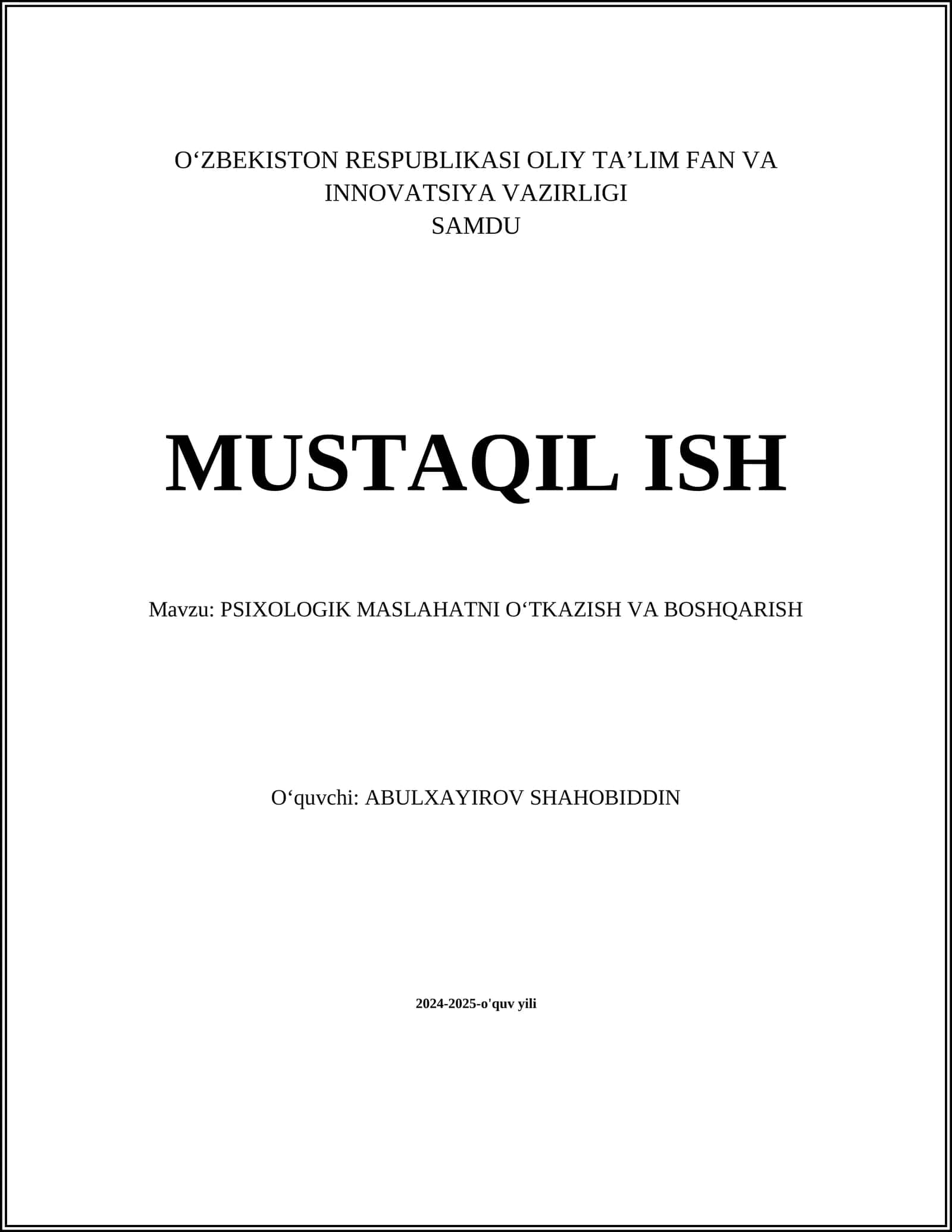 PSIXOLOGIK MASLAHATNI OʻTKAZISH VA BOSHQARISH 1