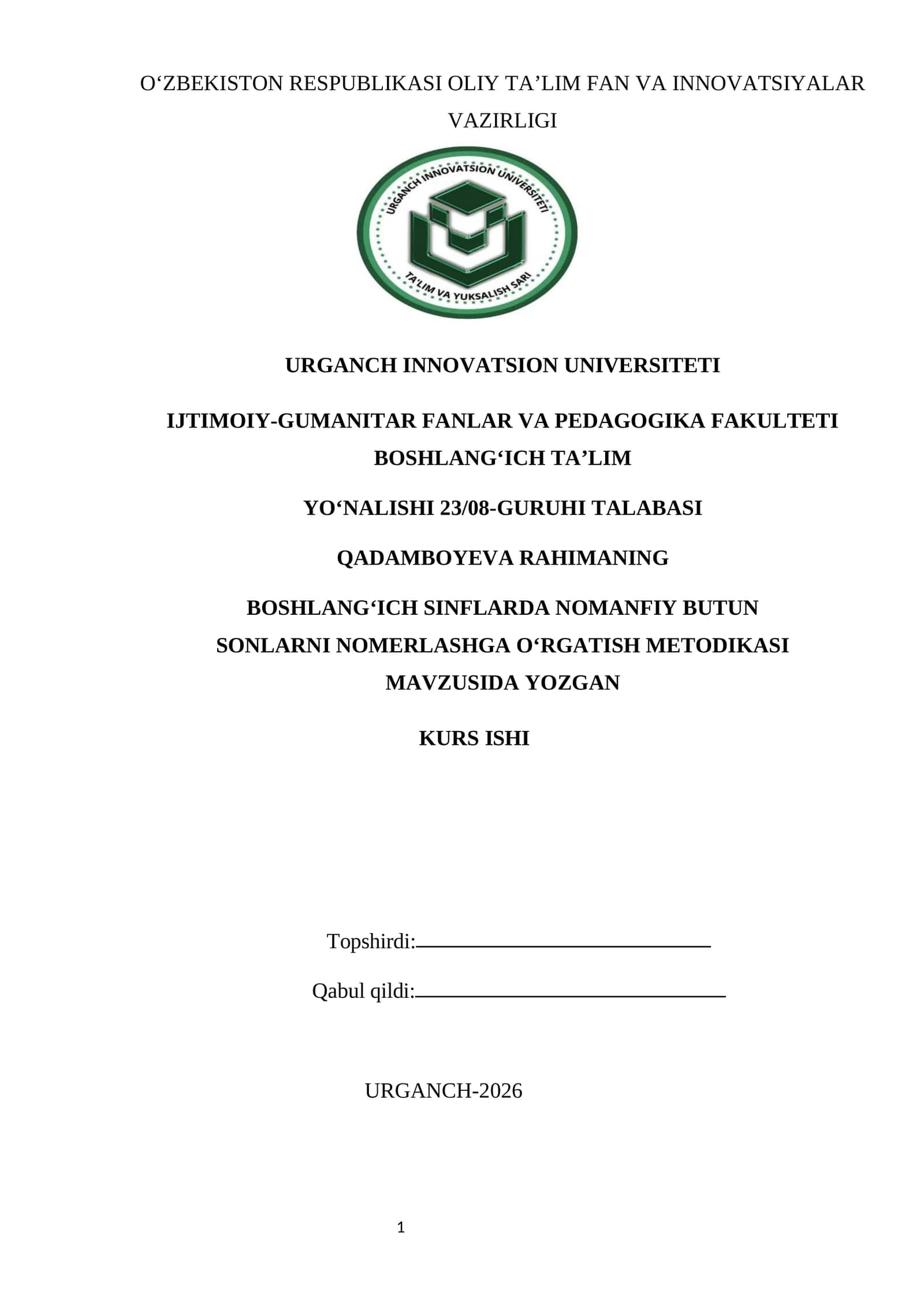 BOSHLANG‘ICH SINFLARDA NOMANFIY BUTUN SONLARNI NOMERLASHGA O‘RGATISH METODIKASI 1