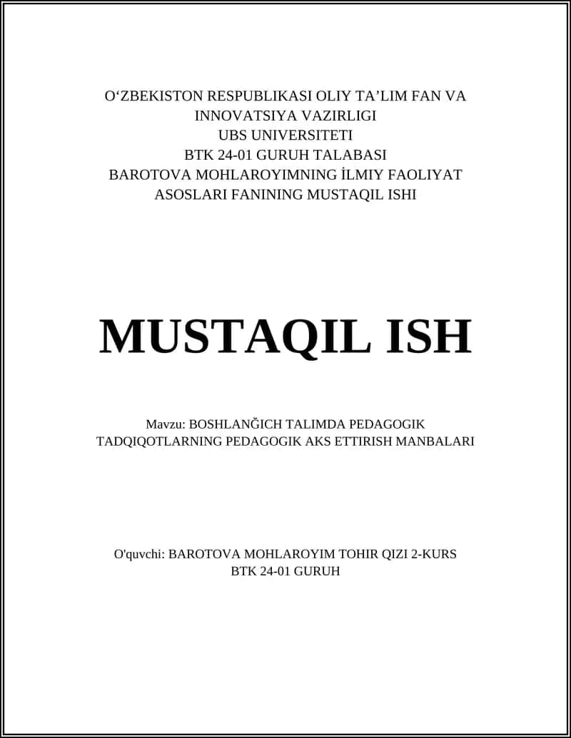 BOSHLANĞICH TALIMDA PEDAGOGIK TADQIQOTLARNING PEDAGOGIK AKS ETTIRISH MANBALARI 1
