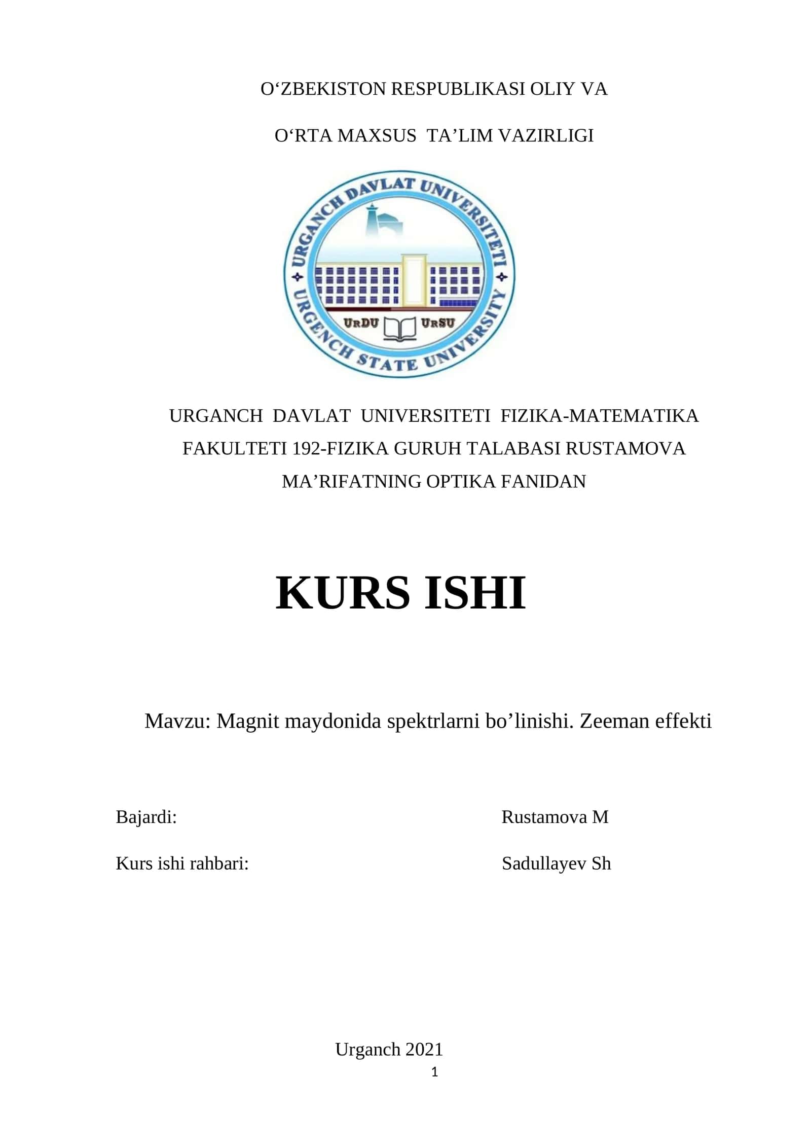 Magnit maydonida spektrlarni bo’linishi. Zeeman effekti 1
