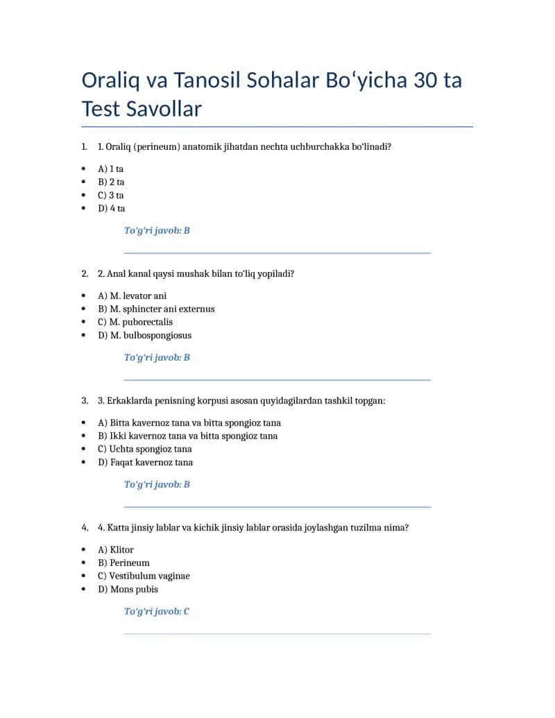 Oraliq va Tanosil Sohalar Bo‘yicha 30 ta Test Savollar 1