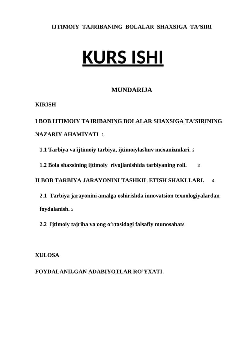 IJTIMOIY TAJRIBANING BOLALAR SHAXSIGA TA’SIRI KURS ISHI 1