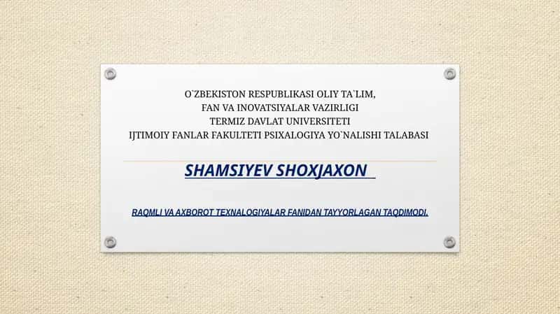 Raqamli Texnologiyalar Fanidagi Taqdimot 1