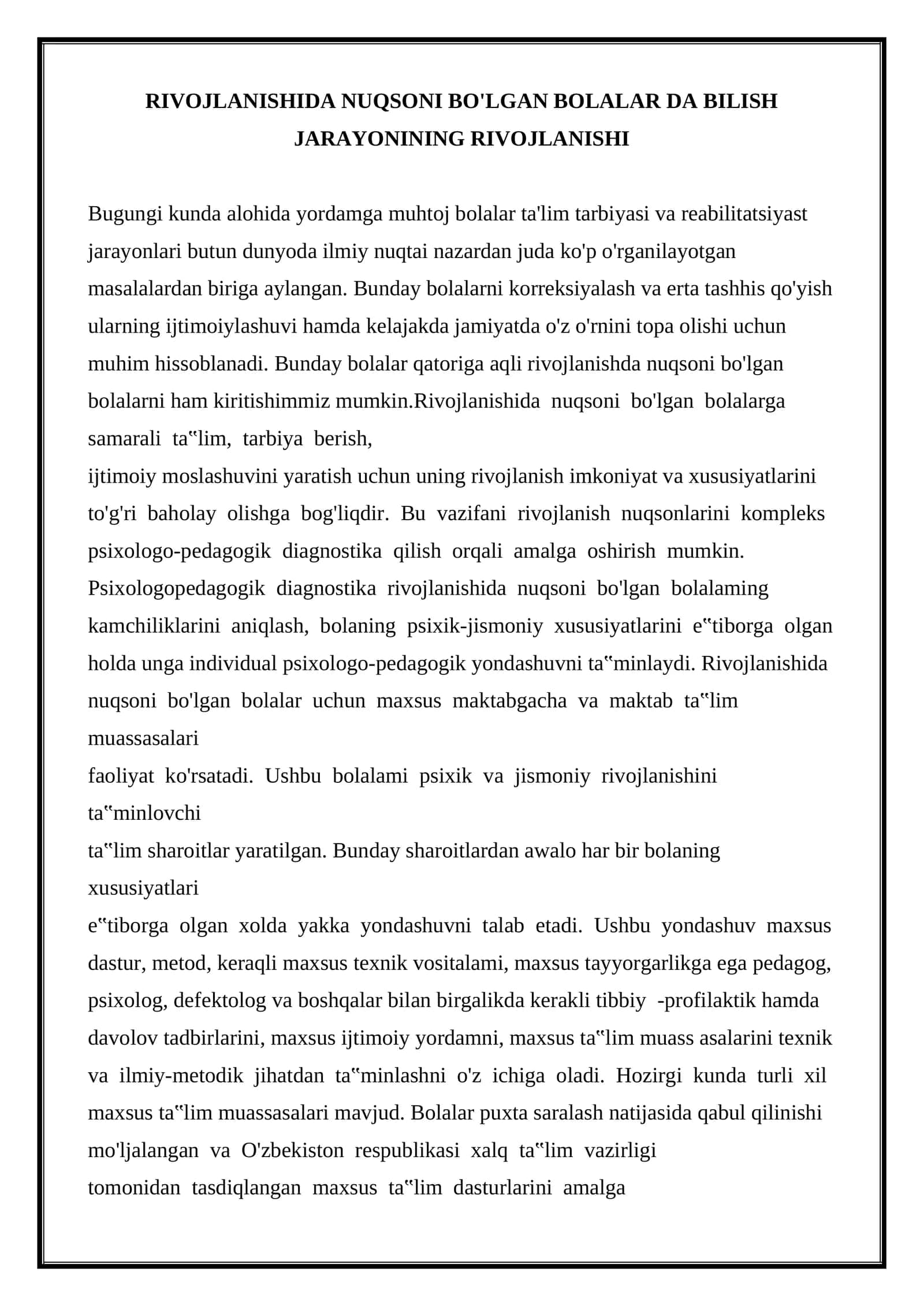 RIVOJLANISHIDA NUQSONI BO'LGAN BOLALARDA BILISH JARAYONINING RIVOJLANISHI 1