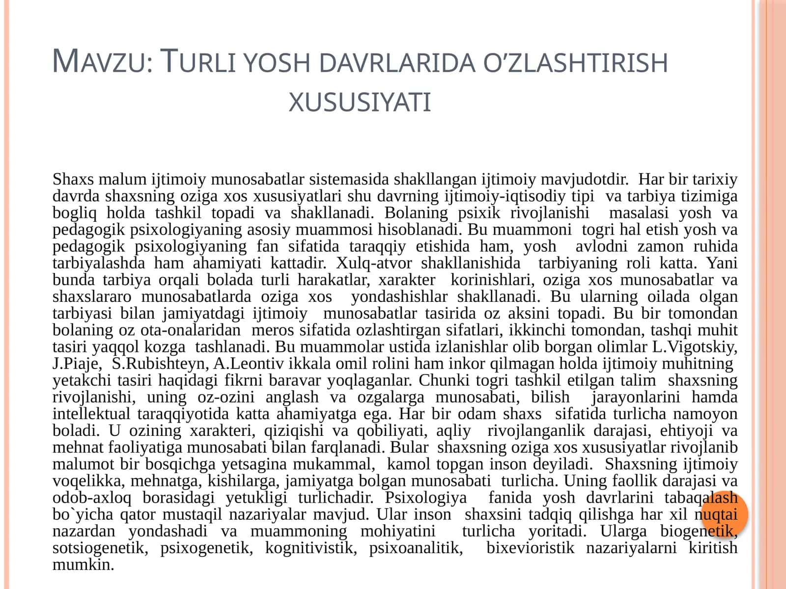 Turli yosh davrlarida o’zlashtirish xususiyati 1