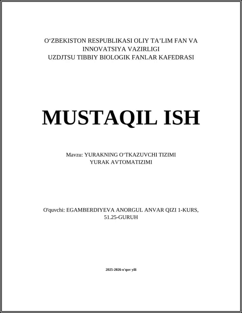 YURAKNING OʻTKAZUVCHI TIZIMI YURAK AVTOMATIZIMI 1