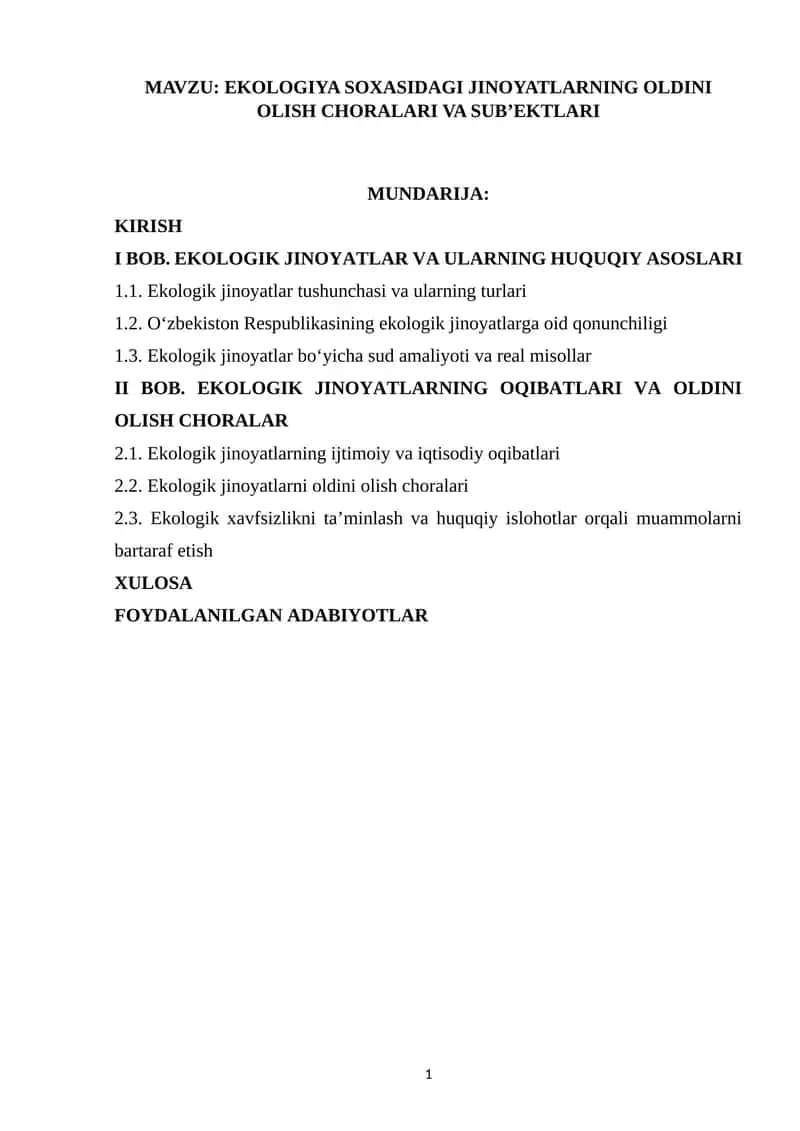 EKOLOGIYA SOXASIDAGI JINOYATLARNING OLDINI OLISH CHORALARI VA SUB’EKTLARI 1