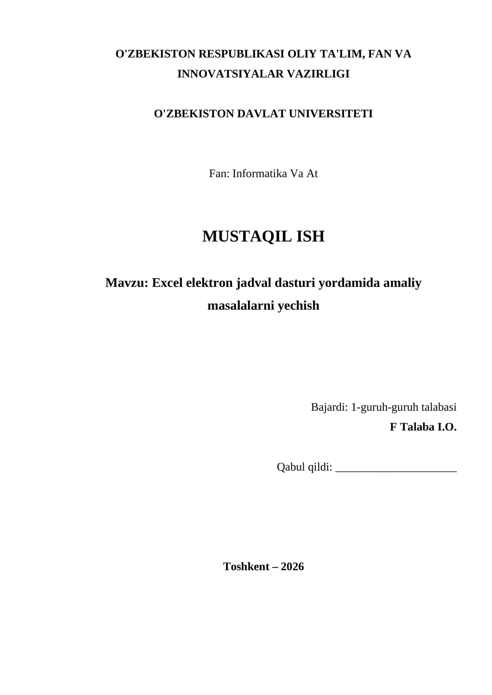 Excel elektron jadval dasturi yordamida amaliy masalalarni yechish 1