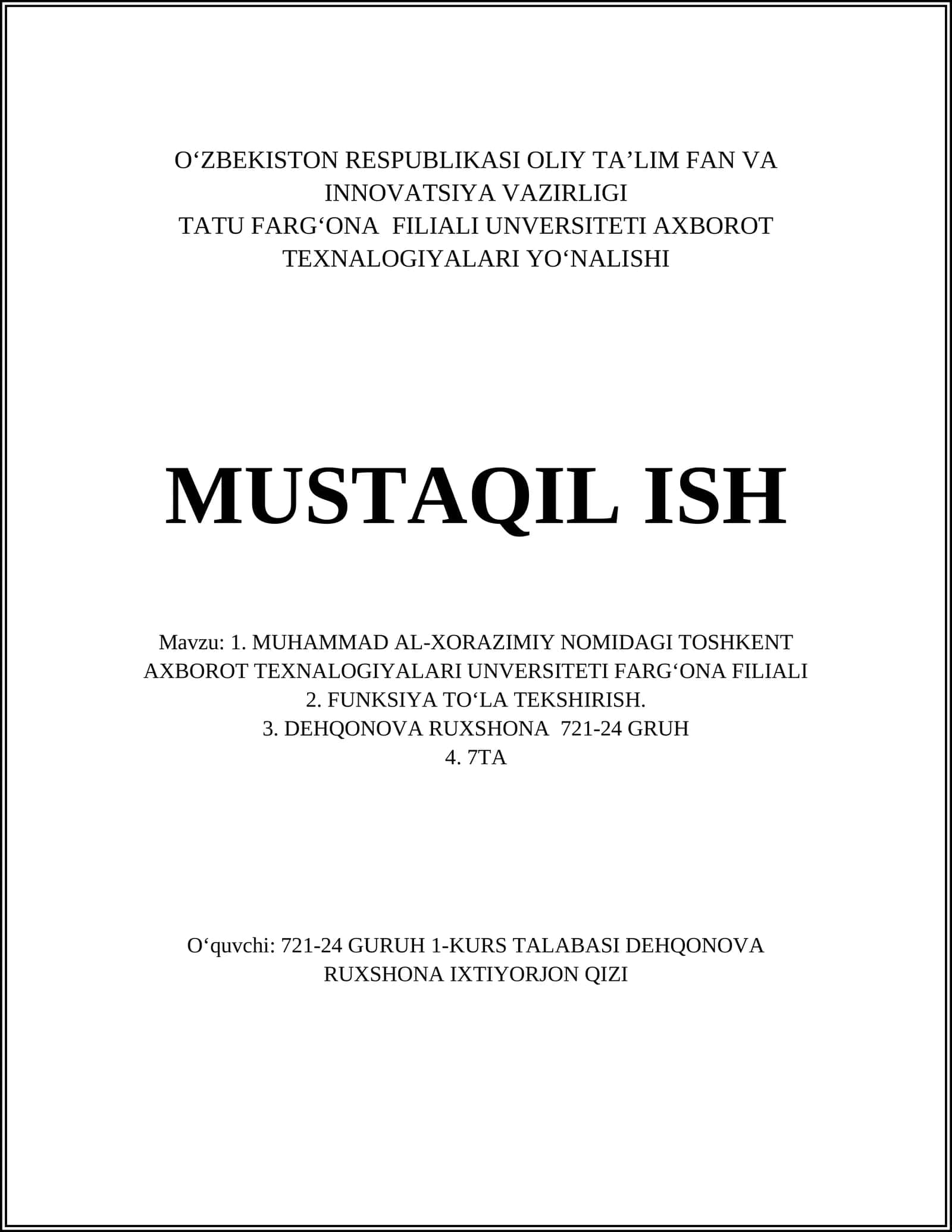 MUHAMMAD AL-XORAZIMIY NOMIDAGI TOSHKENT AXBOROT TEXNALOGIYALARI UNVERSITETI FARG‘ONA FILIALI 1