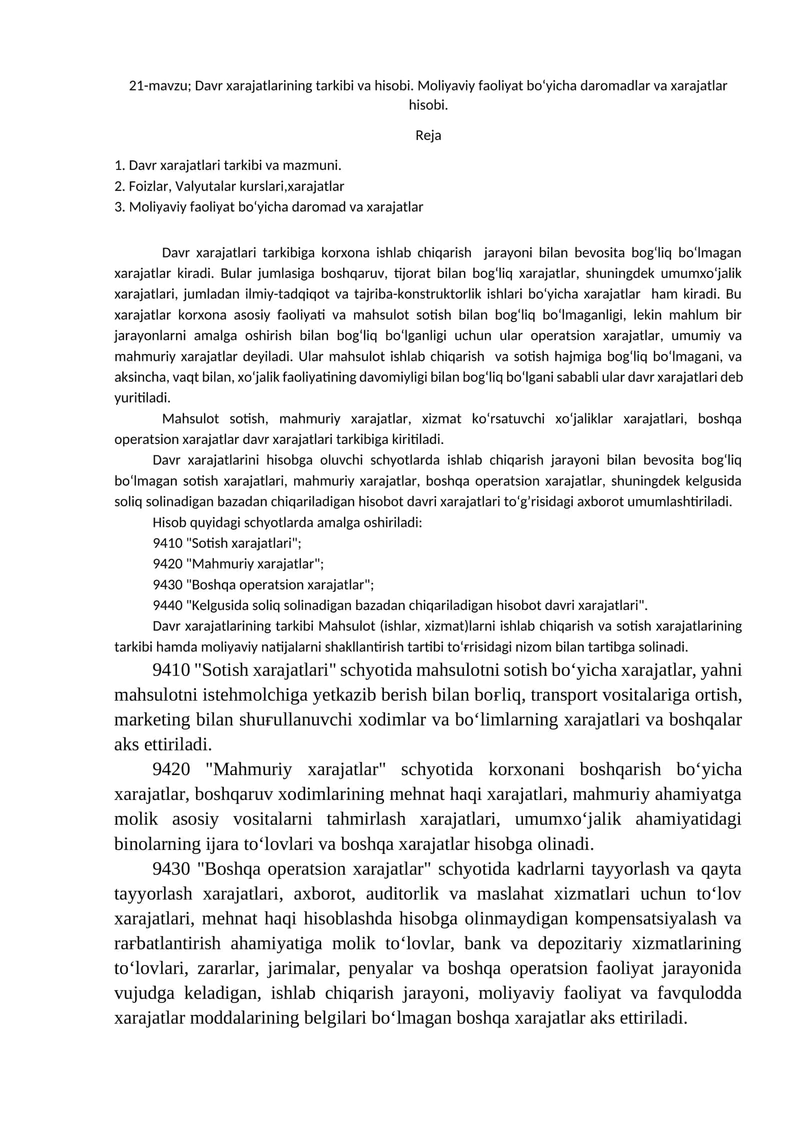 21-mavzu; Davr xarajatlarining tarkibi va hisobi. Moliyaviy faoliyat bo‘yicha daromadlar va xarajatlar hisobi 1