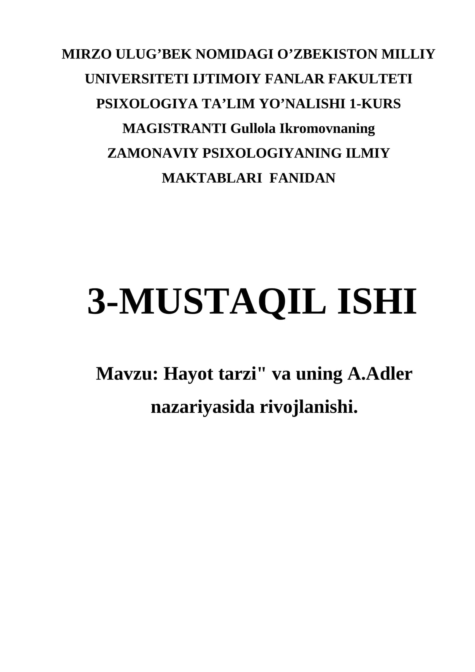 Hayot tarzi va uning A.Adler nazariyasida rivojlanishi 1