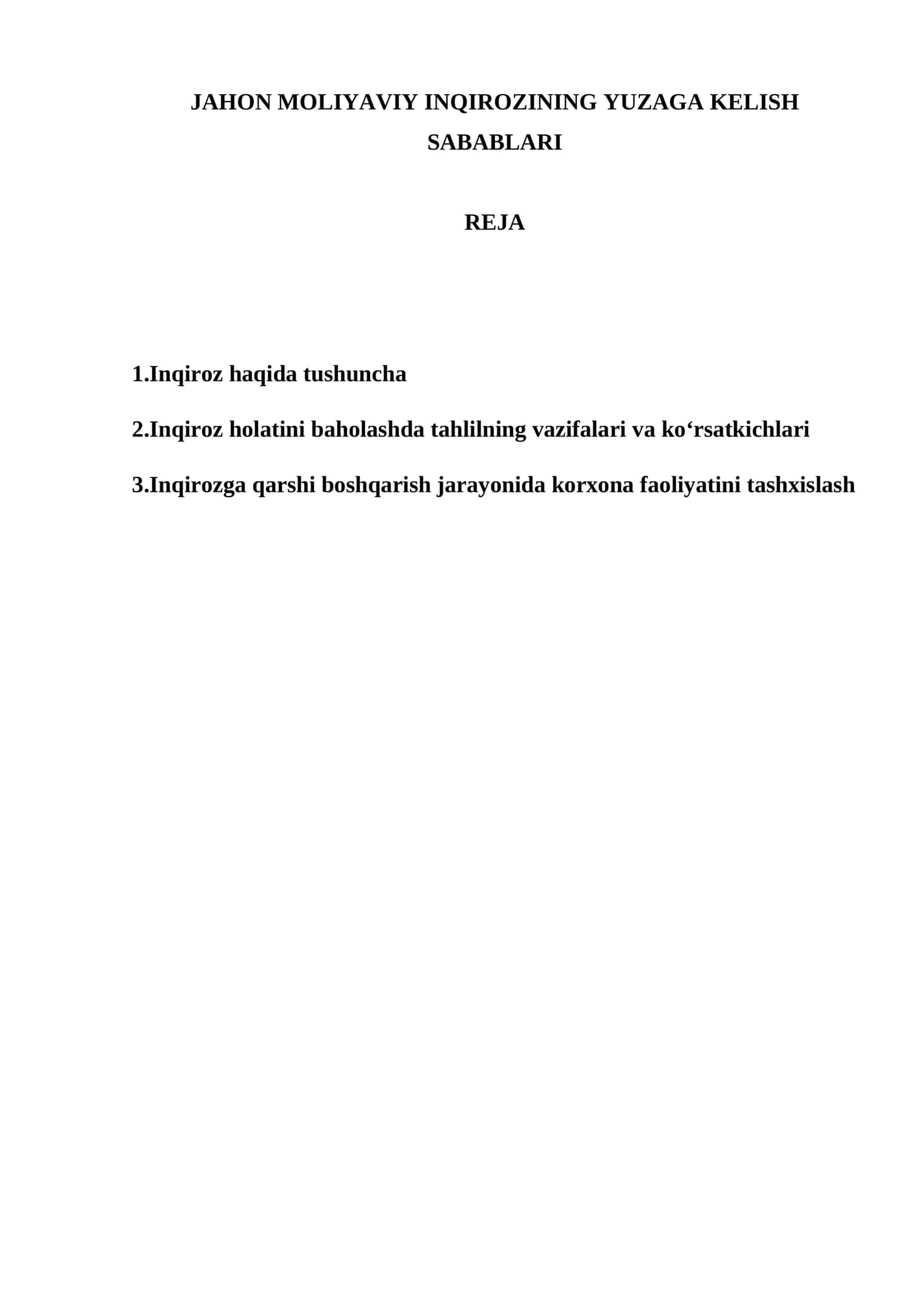 JAHON MOLIYAVIY INQIROZINING YUZAGA KELISH SABABLARI 1