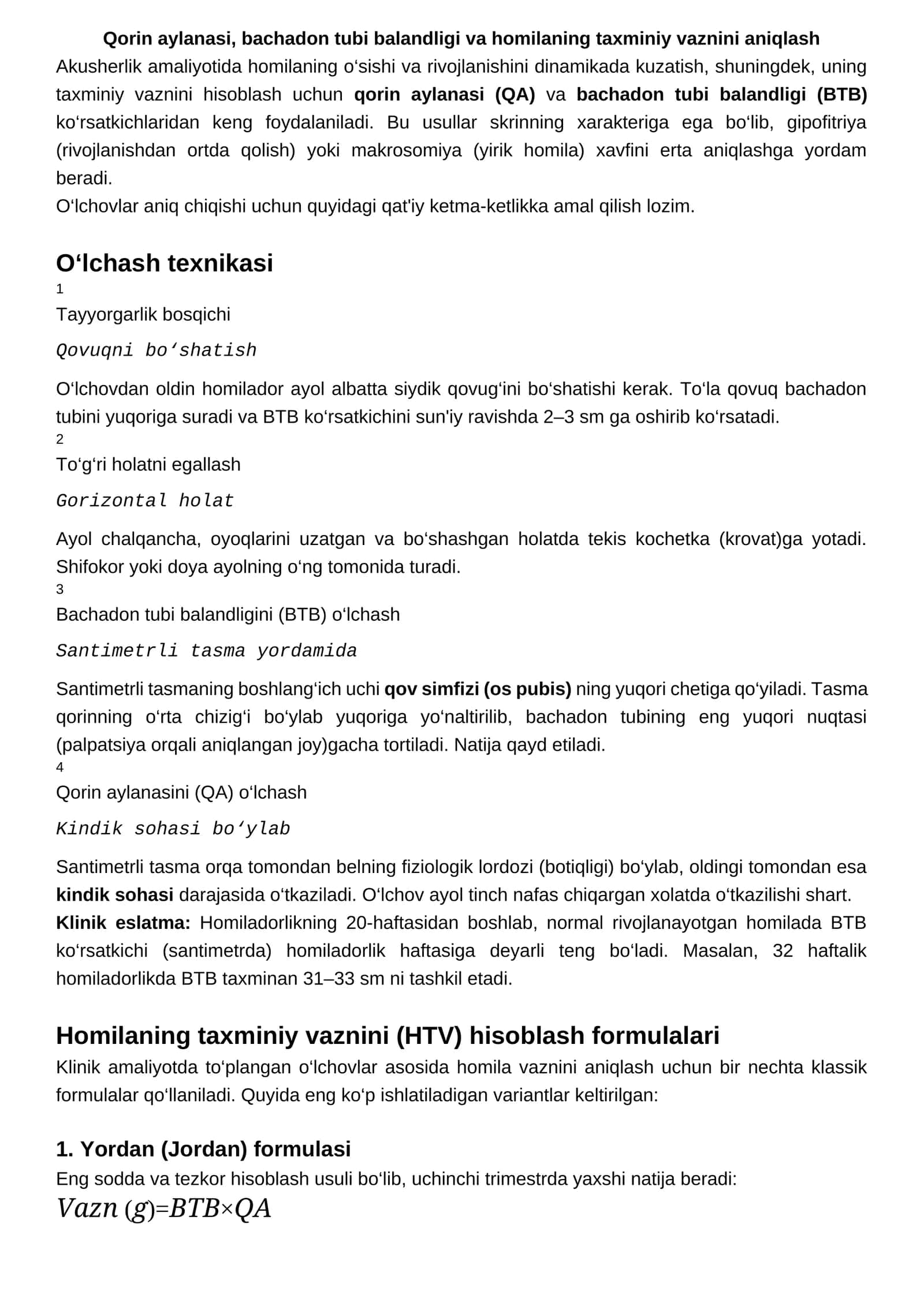Qorin aylanasi, bachadon tubi balandligi va homilaning taxminiy vaznini aniqlash 1