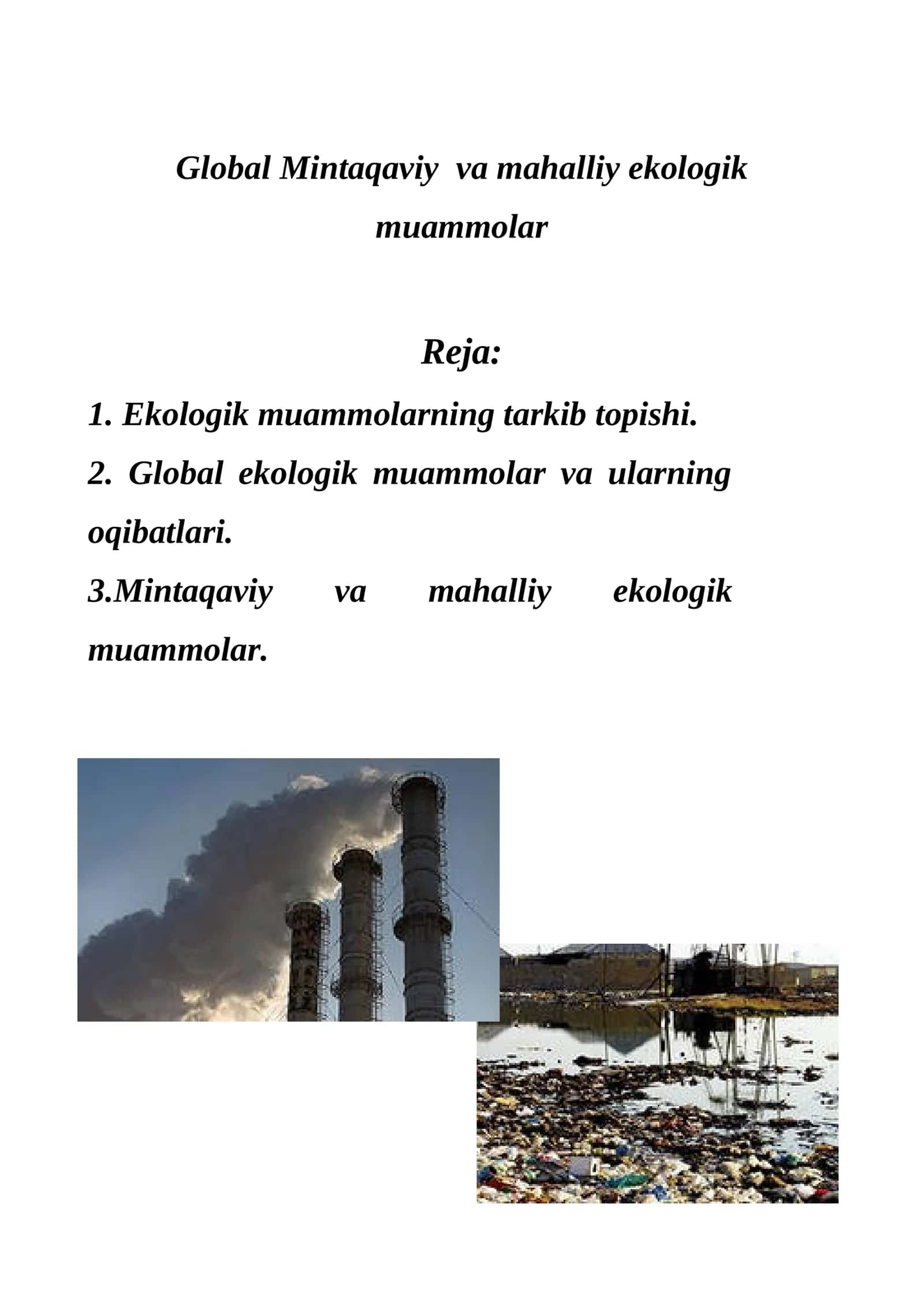 Global Mintaqaviy va mahalliy ekologik muammolar 1