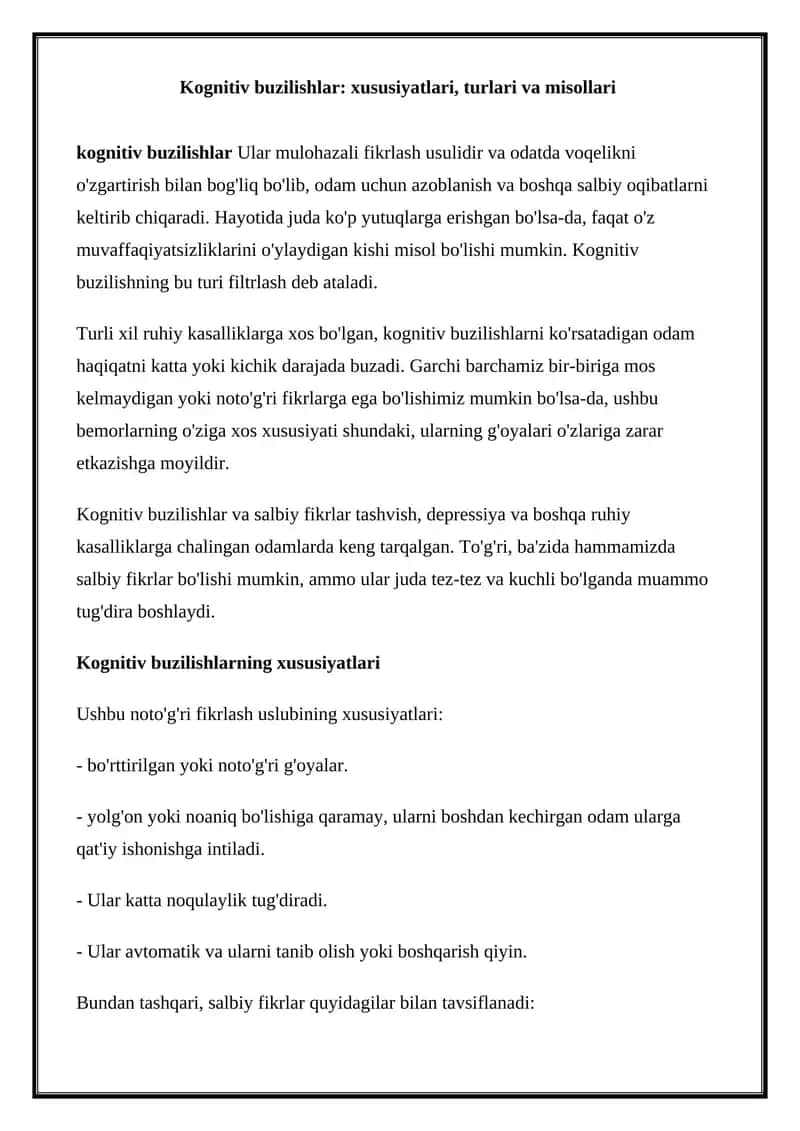 Kognitiv buzilishlar: xususiyatlari, turlari va misollari 1