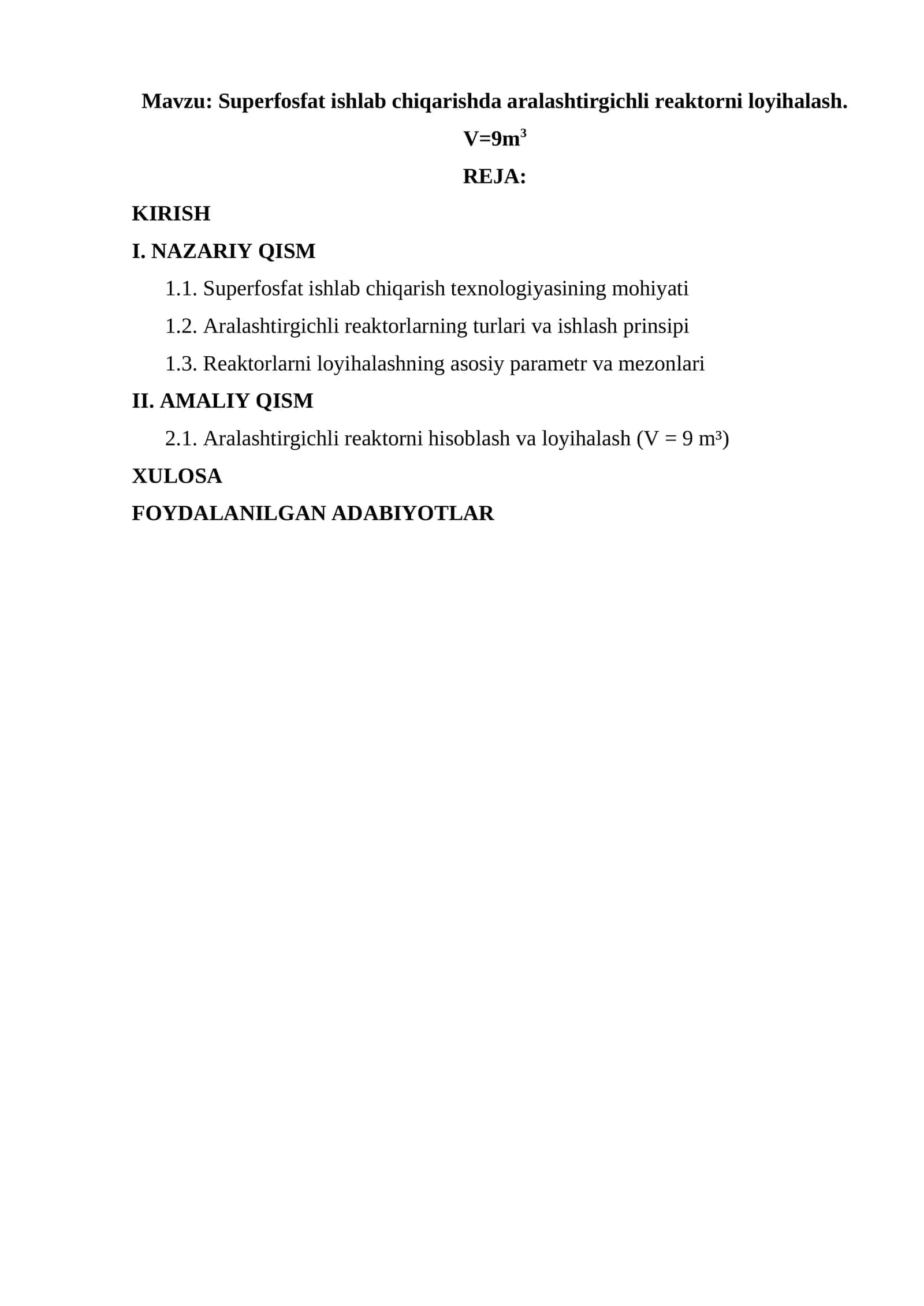 Superfosfat ishlab chiqarishda aralashtirgichli reaktorni loyihalash. V=9m3 1